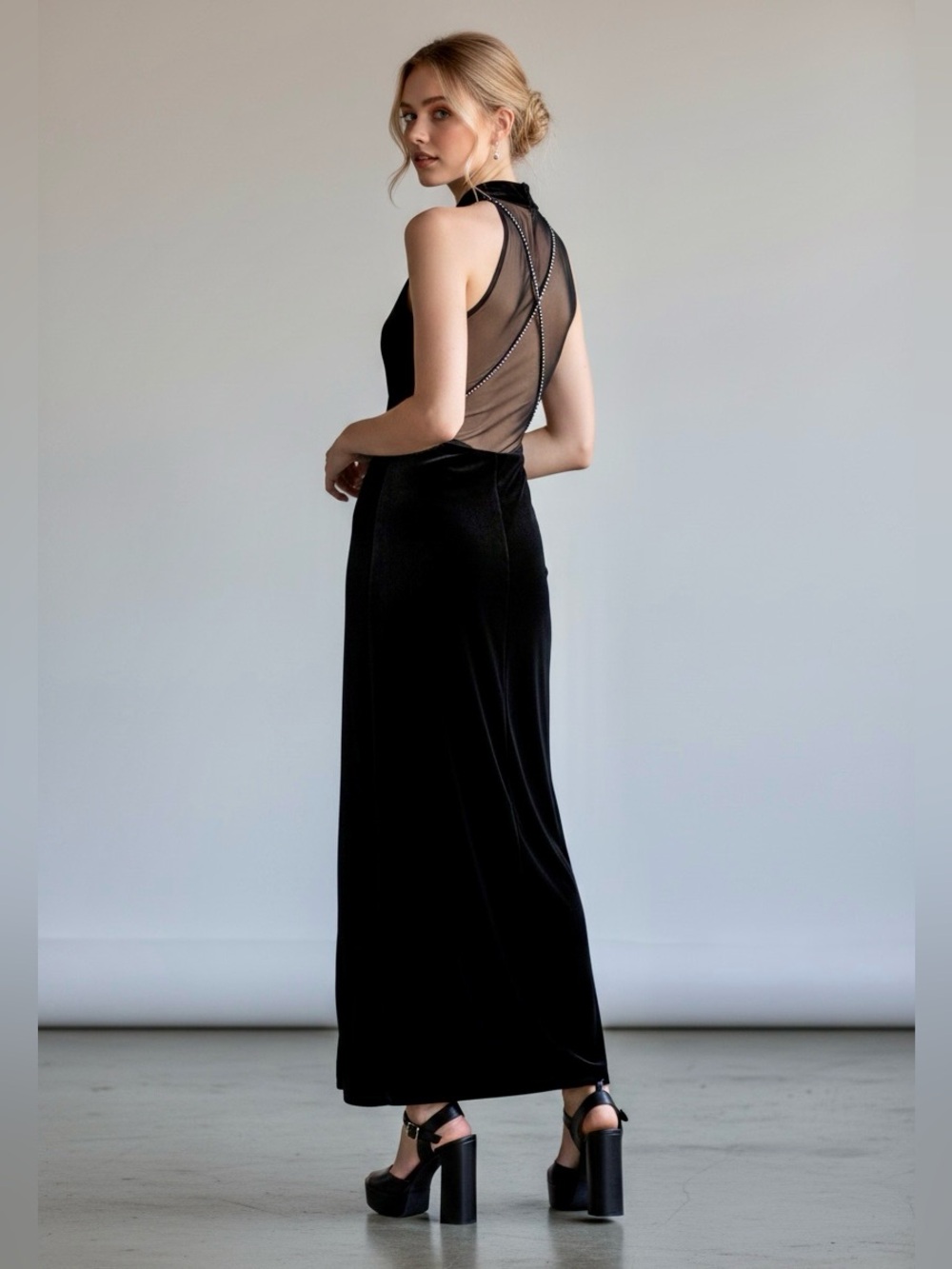 90s Black Velvet Gothic Halter Backless Mesh + Rhinestone Slip Dress / XS S